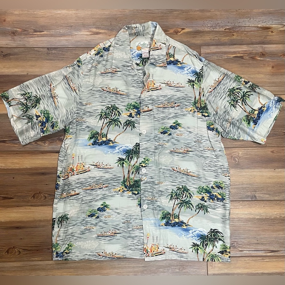 Rare Vintage Canoeing Palm Islands Paradise Found Lucky Beach Hula Mens Medium